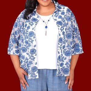 Alfred Dunner-Blue Bayou- Women's 3/4 Sleeve Layered Plus Size Top-Blue/White-3X